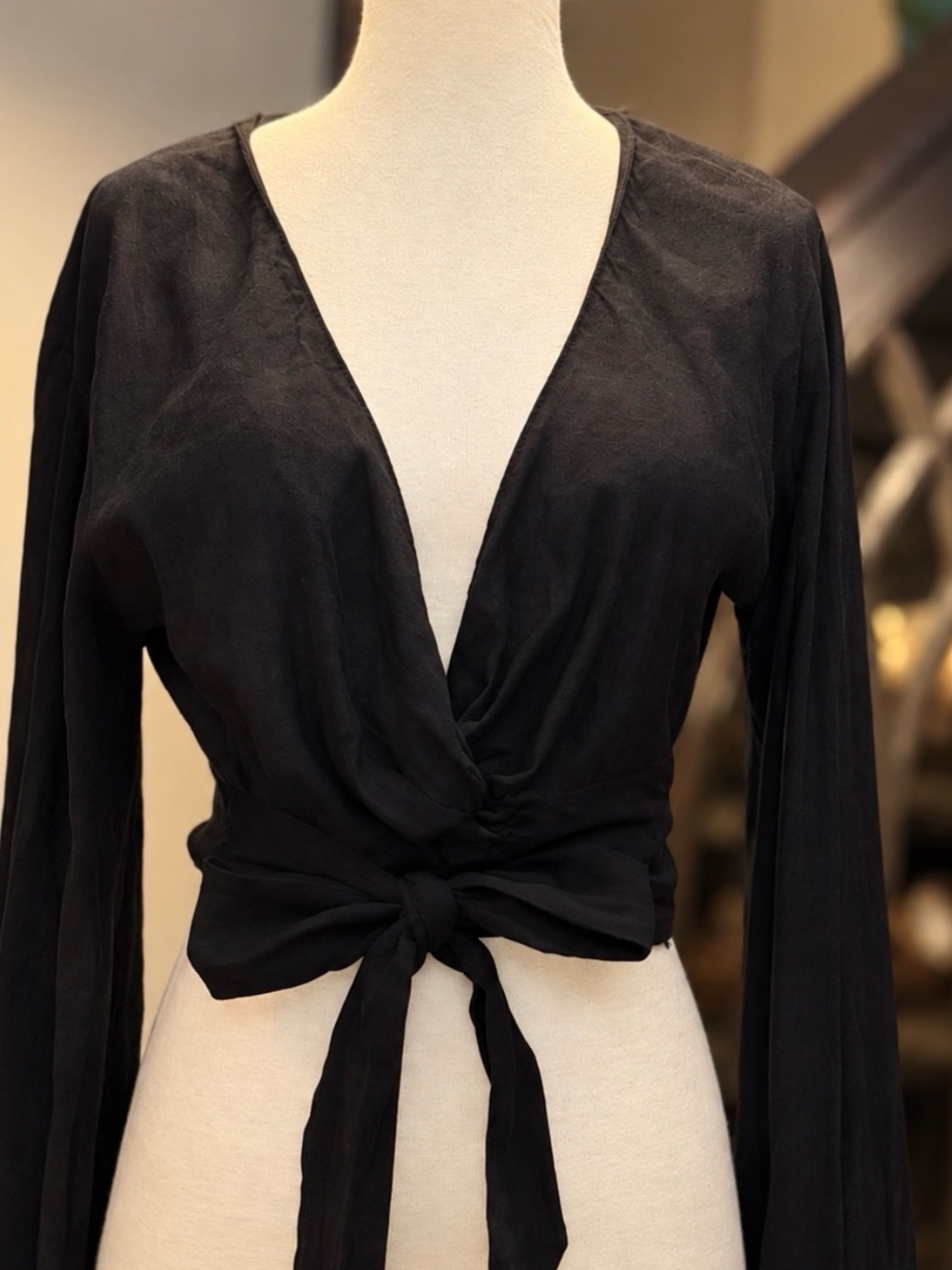 Zara Black Linen Blend Long Sleeve Tie Front Deep V Neck Blouse L